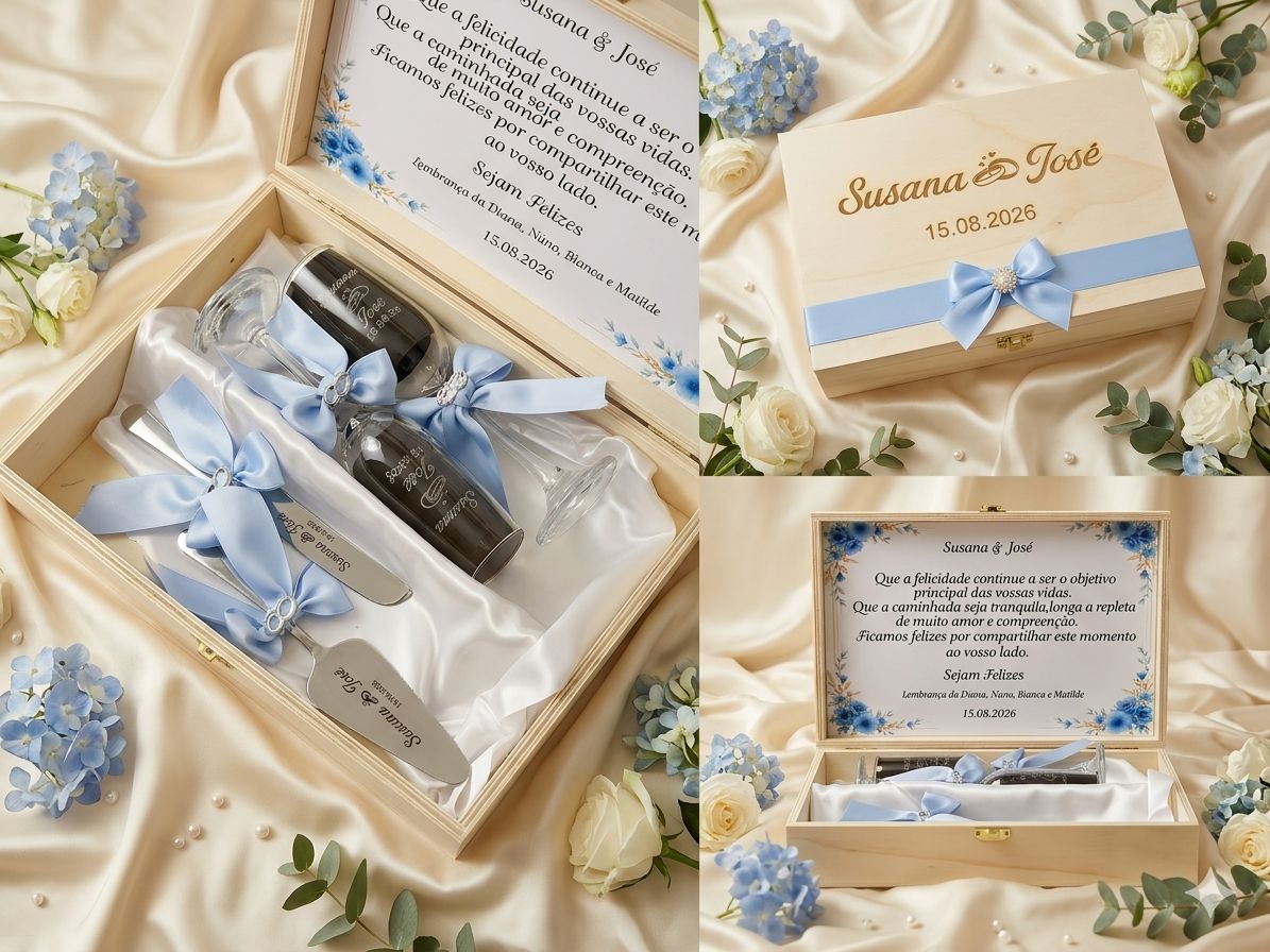 Caixa de garrafa e flutes de honra para casamento