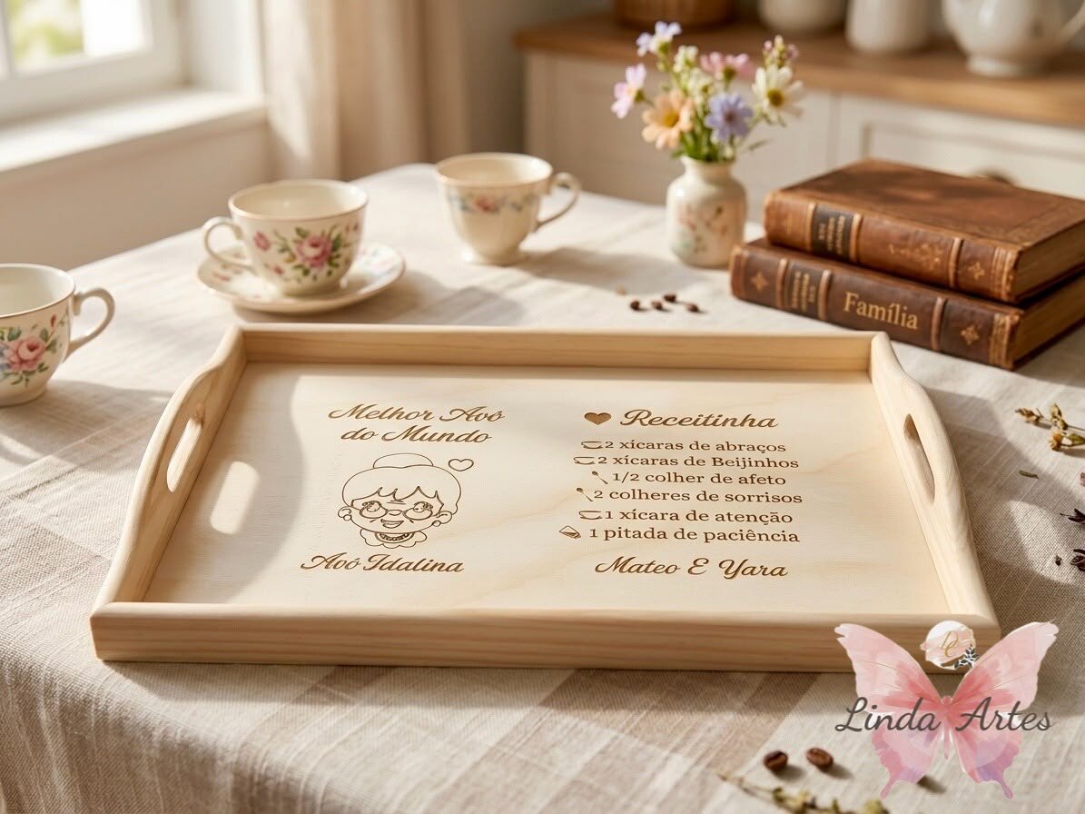 Tabuleiro de madeira gravado 'Melhor Avó do Mundo' com receita personalizada