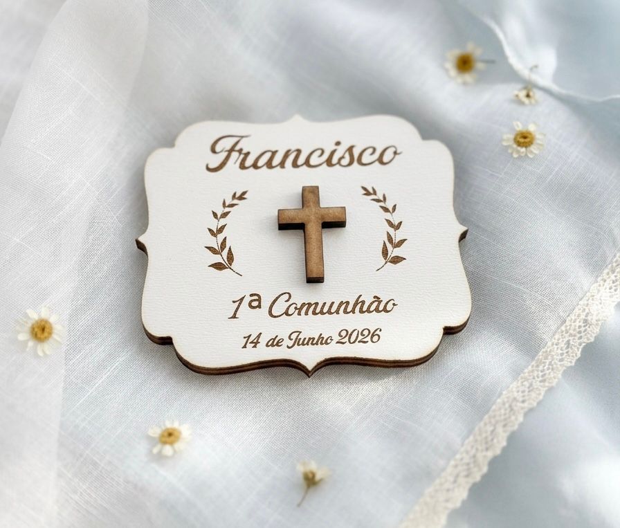 Placa de Primeira Comunhão personalizada com cruz em madeira