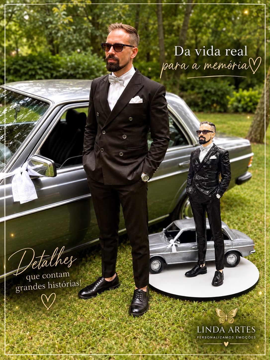 Figura 3D de um noivo de fato e laço com réplica em miniatura do carro clássico do casamento