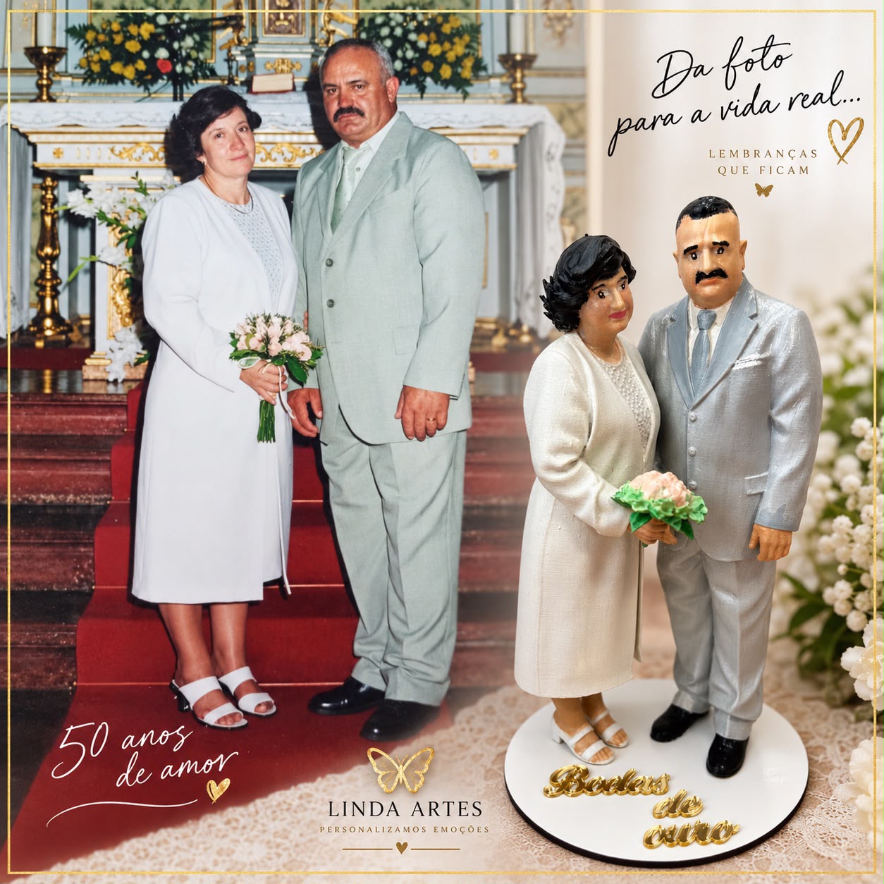 Figura 3D de um casal nas bodas de ouro, ao lado da fotografia original